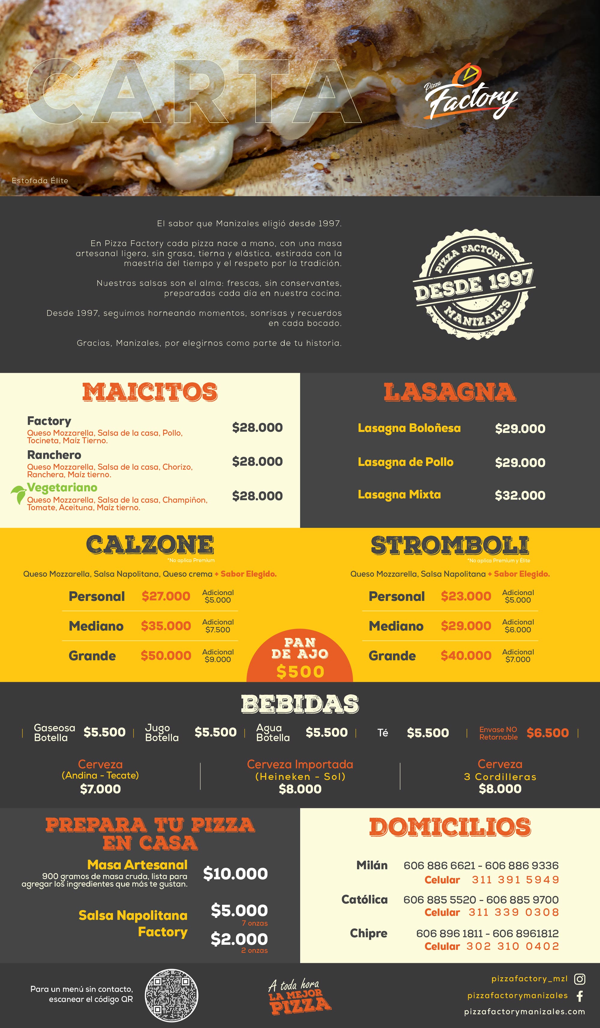Carta de Lasagnas, Entradas y Bebidas - Pizza Factory Manizales